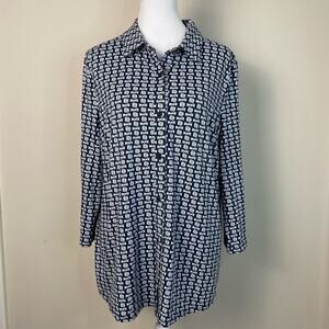 Talbots Size L Navy White Light Blue Chain Print Stretch Jersey Blouse Size L